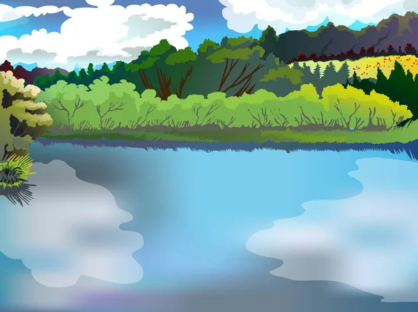 Paisaje del bosque y el río. Imagen vector naturaleza, bosque, lago, contra el cielo azul . — Vector de stock