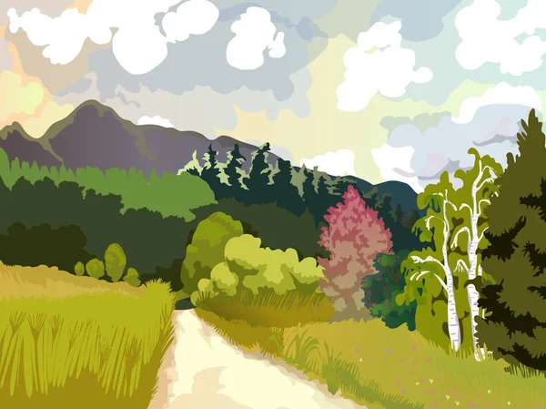 Manzara dağ taş, ormanlar, çiçek ve ağaç ile açıklık alanlar. Doğa ve çevre vektör görüntü