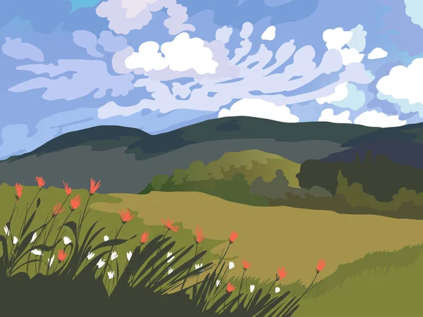 Paisagem de campos verdes, grama e céu com nuvens —  Vetores de Stock