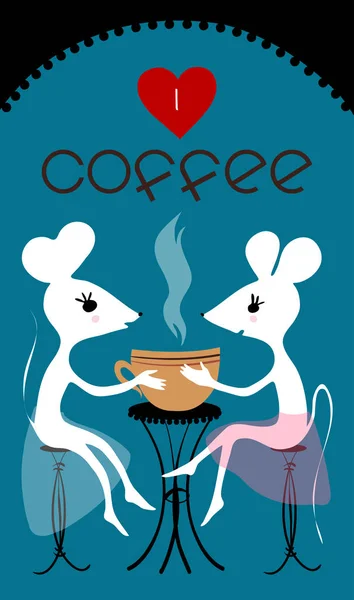 Grande amizade de dois amigos, dois ratos sentam-se na cidade e bebem café. É hora do café. Café baner. Adoro café. . —  Vetores de Stock