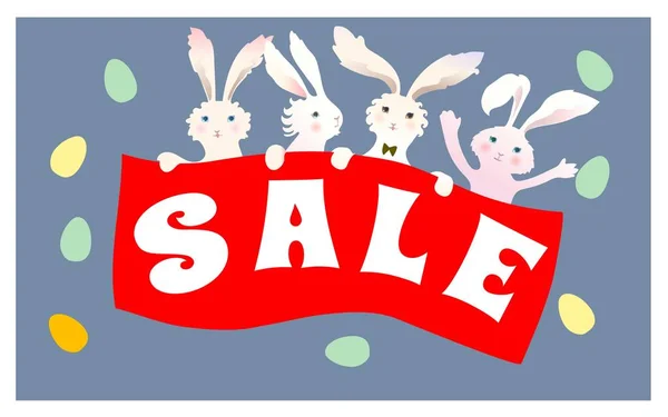 Osterverkauf Hintergrundposter mit Eiern und Rabatten Prozentsatz. niedlichen Zeichentrickhasen mit bunten Eiern. Vektor — Stockvektor