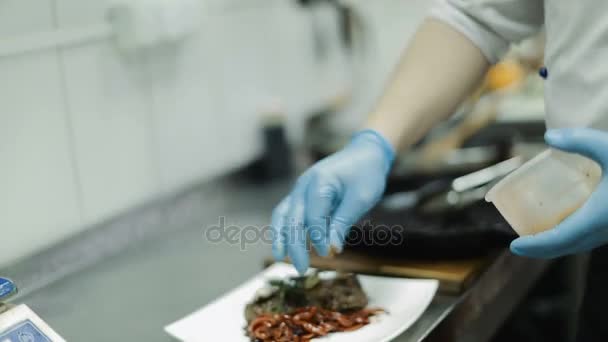 Előkészített hús Steak zöldségekkel — Stock videók