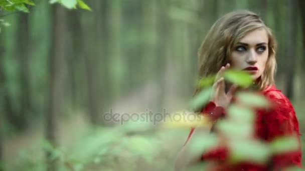 Bella ragazza a piedi nella foresta — Video Stock