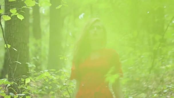 Vacker flicka vandrar i skogen — Stockvideo