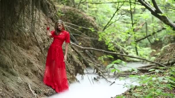 Мистическая девочка, гуляющая в лесу — стоковое видео