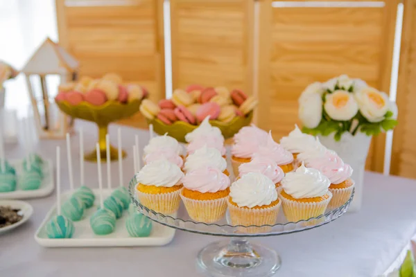 Pastelitos festivos. Dulce buffet festivo con postres. Deliciosos pastelitos hermosos para la recepción de la boda . — Foto de Stock