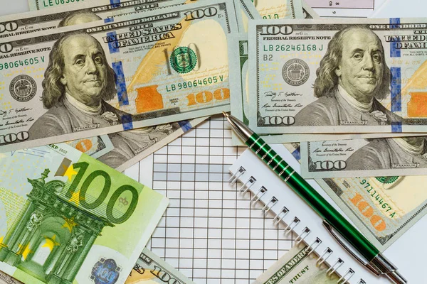 American one hundred dollar bills. Euro banknotes. A ballpoint pen and a notebook next to the bills. Business and finance. Money. White background.