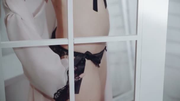 Sexy Brünette Frau Posiert Eleganten Dessous Und Schaut Die Kamera — Stockvideo