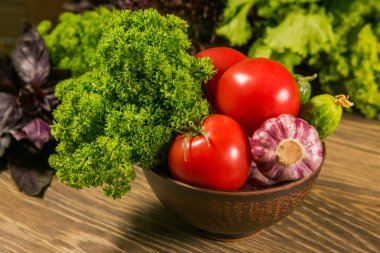 Taze organik sebze bir tablo. Domates, salatalık, sarımsak ve yeşil fesleğen yaprakları. Malzemeler hazırlanması