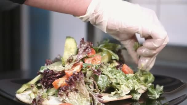 Chef Professionista Una Cucina Commerciale Guarnire Servire Insalata — Video Stock