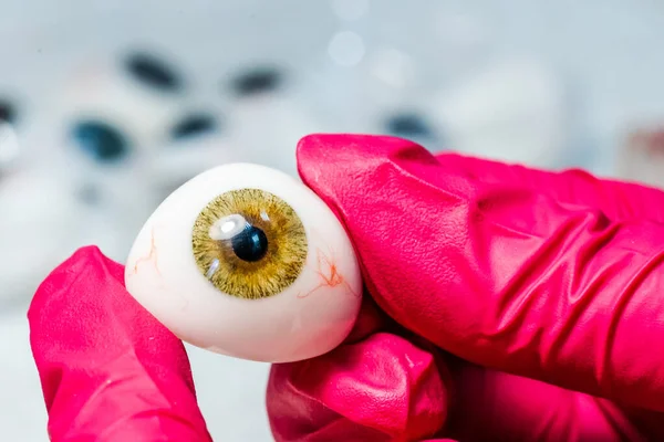 Oftalmologista ou cirurgião segura um olho, prótese de globo ocular em mãos. Foto conceitual para prótese ocular. Operações cirúrgicas nos olhos. Fechar. . — Fotografia de Stock