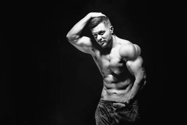 Beautiful Health Athletic Caucasian Muscular Young Man Black White Photo — Stock Photo, Image