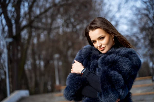 冬の公園でポーズをとっている毛皮のコートを着た黒い髪の魅力的な女性の屋外写真 — ストック写真