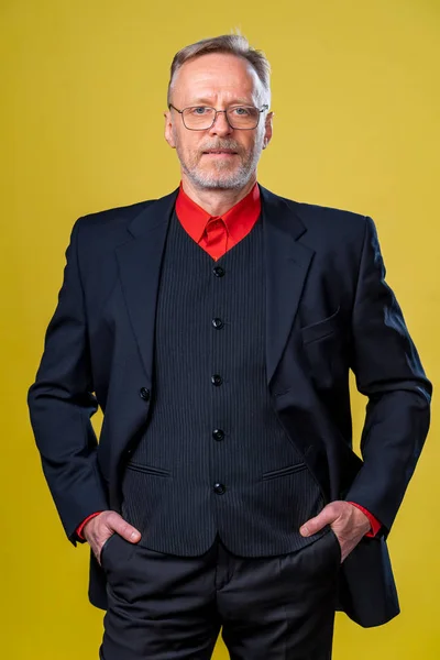 仕事を見て賢い 自信のあるビジネスマン エレガントなビジネスマン黄色の背景 正装して髭を生やした男 — ストック写真