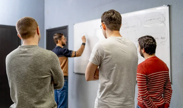 Geschäftsleute Treffen Sich Büro Und Verwenden Post Notes Ideen Auszutauschen — Stockfoto