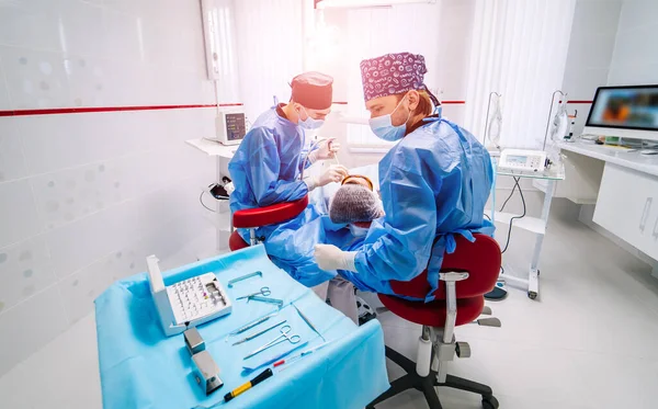 Two Dentists Examine Patient Teeth Further Treatment Modern Stomatology Cabinet — Stock Photo, Image