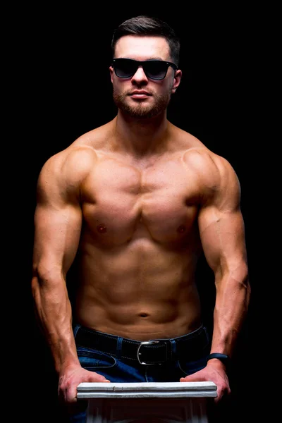 Shirtless Handsome Male Perfect Muscular Body Posing While Leaning Chair — Stock Photo, Image