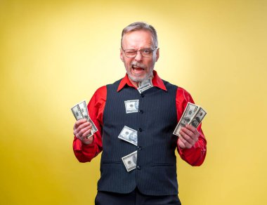 Mutlu adam paranın tadını çıkarıyor. Paralı eller, Amerikan doları, iş adamı, başarıyla dolu. Olumlu duygu yüz ifadesi duyguları. Kameraya göz kırpıyorum.