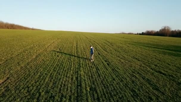 青いベストを着た少年が夏の風景を背景に畑の真ん中で回転しています — ストック動画