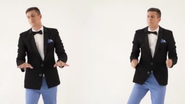 2K derleme (montaj) - siyah ceketli ve beyaz gömlekli iki yetenekli insan stüdyoda beyaz arka planda müzisyenleri taklit ediyorlar. Konserdeki piyanist, davulcu ve kemancı benzeri iki neşeli adam.