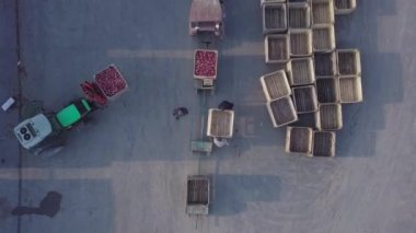 Depo çalışanları elmalar için boş bir sandık hazırlıyorlar. Yükleyici, meyve suyu üretimi için fabrikaya taşınmak üzere elmalarla birlikte depoya taşınıyor. Hava görünümü