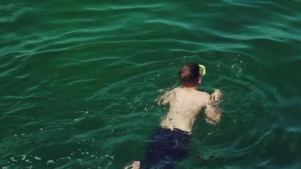 Een Man Een Blauwe Broek Zwemt Zomer Onder Water Met — Stockvideo