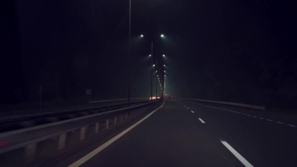 Αυτοκίνητο Οδηγεί Γρήγορα Κατά Μήκος Της Εθνικής Οδού Στο Σκοτάδι — Αρχείο Βίντεο