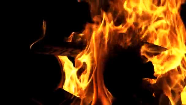 Hoguera Cámara Lenta Llama Fuego Real Sobre Fondo Negro — Vídeos de Stock