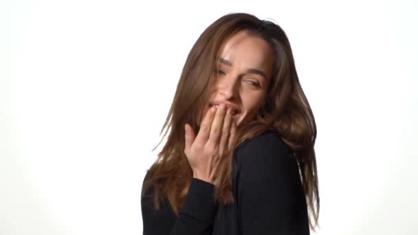 Beautiful Woman Long Hair Black Sweater Sending Air Kiss White — Stock Video