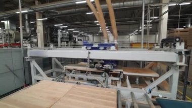 Modern ekipmanlar ahşap fabrikasında ahşap tahtaları parlatıyor. Parke üretimi. Üretim hattı