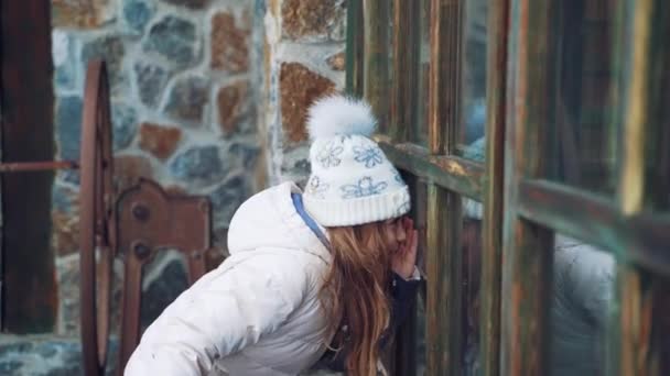 Malá Holčička Obálkou Ruce Nakukuje Okna Elfům Den Před Novým — Stock video