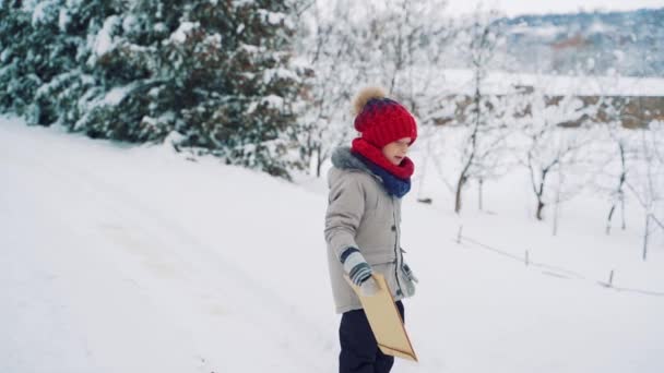 灰色のジャケットと赤い帽子の小さな男の子が手に封筒を持っていて 森の近くの冬の道の途中で誰かを待っています 子供は彼の周りの地域を調べています — ストック動画