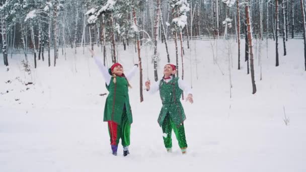 Funny Elves Green Suits Hats Throwing Snow Looking Background Winter — Stock Video