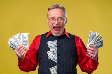 Dolar banknotları hayranı mutlu yaşlı bir iş adamı. Sarı arka planda izole edilmiş. Son sınıf öğrencisi piyangoyu kazandı. Şanslı günmüş. İnsan duyguları ve yüz ifadeleri