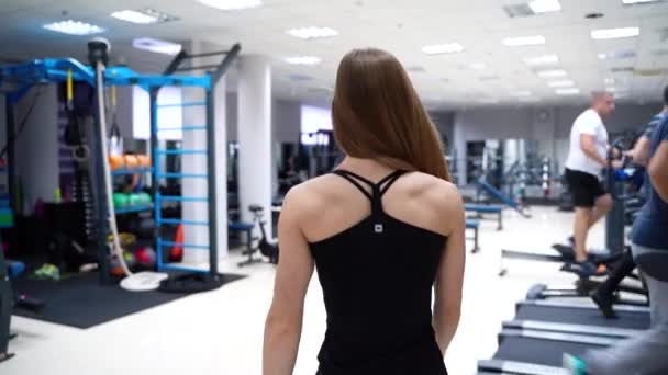 具有运动能力的女人背对着别人的背影去体育馆里的模拟器 健康的生活方式 — 图库视频影像