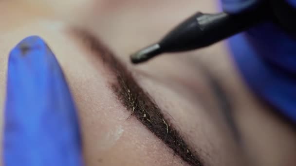 专业针头在眉毛的皮肤上涂上纹身 美容业四 后续行动 — 图库视频影像