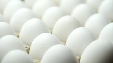 Karton bir kutuda beyaz tavuk yumurtası. Kağıt tepside yumurtalar.