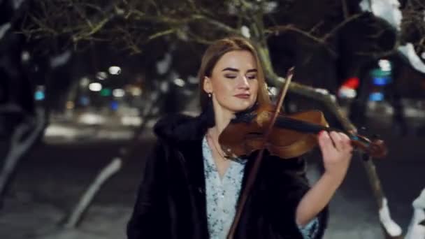 Talented Girl Warm Clothes Performing Composition Violin Winter Park Evening — Stock Video