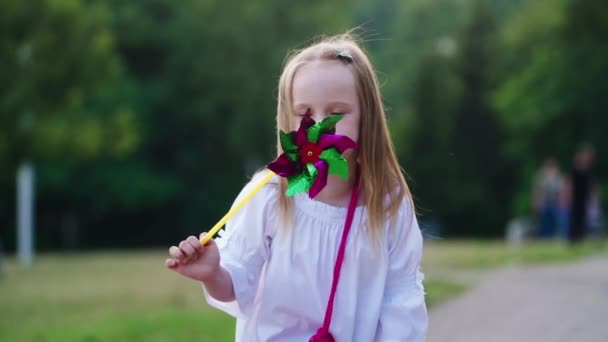 Dziewczyna Plaży Zabawkowym Wiatrakiem Mała Dziewczynka Dmuchanie Pinwheel Parku — Wideo stockowe