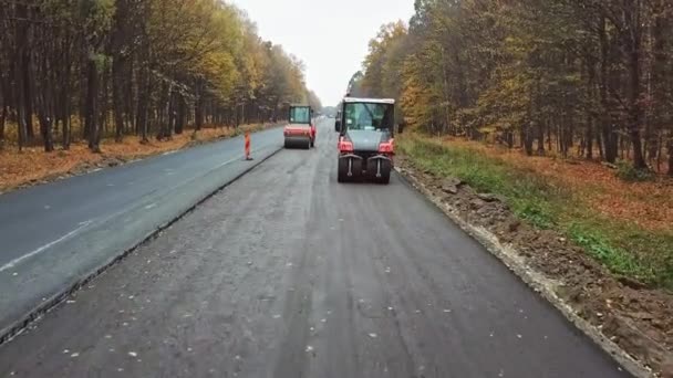 Asphalt Road Construction Aerial View Road Rollers Working New Road — Stock Video