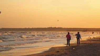 Kumsalda yürüyen kızlar. Sahilde yürüyen güzel kadınların arka manzarası