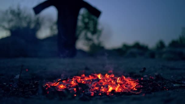 Cadılar Bayramı Cadısı Ateşin Yanında Karanlık Sisli Ormanda Ateşle Ölüm — Stok video