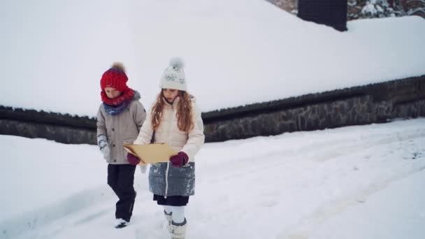 快乐的男孩和女孩在冬季公园 快乐的孩子们在大自然中散步过冬 — 图库视频影像