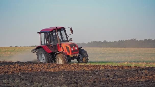 Tarlada Kırmızı Traktör Traktör Arkasında Toz Bulutu Olan Bir Tarlayı — Stok video