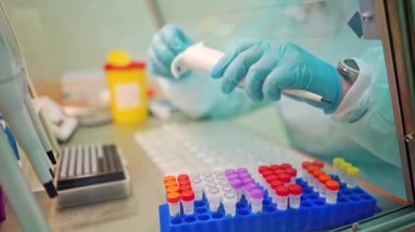 Laboratuvarda kan örneği toplamak için vakum tüpleri. Araştırma laboratuarında elinde kan tüpü testi tutan teknisyen.