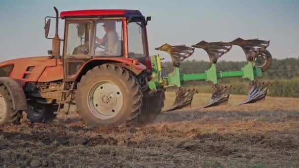 Tractor Arar Terras Vista Trator Vermelho Campo Agrícola — Vídeo de Stock