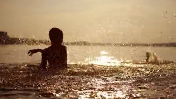 Παιδιά Παίζουν Στο Ποτάμι Παιδιά Παίζουν Νερό Στο Ποτάμι Ευτυχισμένα — Αρχείο Βίντεο