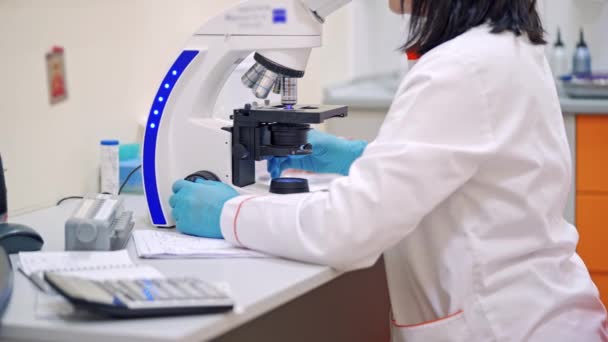 Cientista Trabalhar Laboratório Mulher Laboratório Trabalhando Com Microscópio — Vídeo de Stock