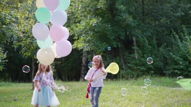 公園で楽しんでいる女の子 かわいいです女の子とともに大きなカラフルな風船で公園 — ストック動画