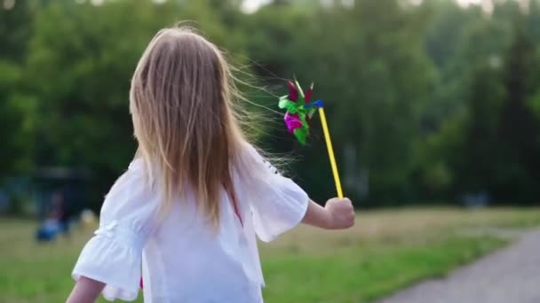 快乐的微笑的小女孩在户外 在公园里迎风挥手微笑着的小女孩 — 图库视频影像